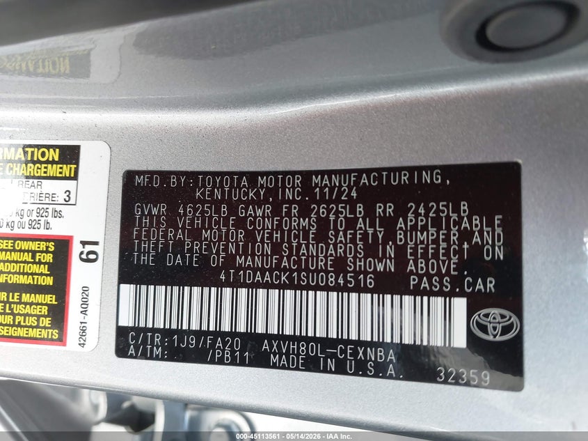 2025 Toyota Camry VIN 4T1DAACK1SU084516 IAAI salvage auction — SIDE, Rebuildable (Florida), sold $9,200 on 2026-07-25 (photo 9)