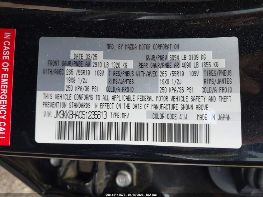 2025 Mazda Cx-90 VIN JM3KKBHA0S1235613 IAAI salvage auction — SIDE, Salvage (New Jersey), sold $13,600 on 2026-07-11 (photo 9)