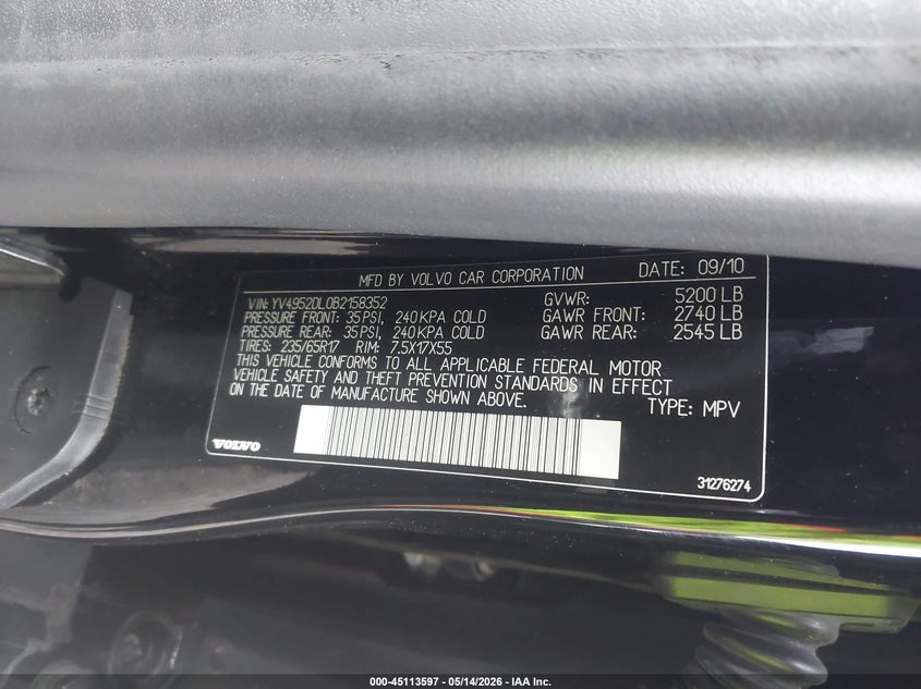 2011 Volvo Xc60 VIN YV4952DL0B2158352 IAAI salvage auction — FRONT END, Bill Of Sale (Washington), sold $325 on 2026-08-11 (photo 9)