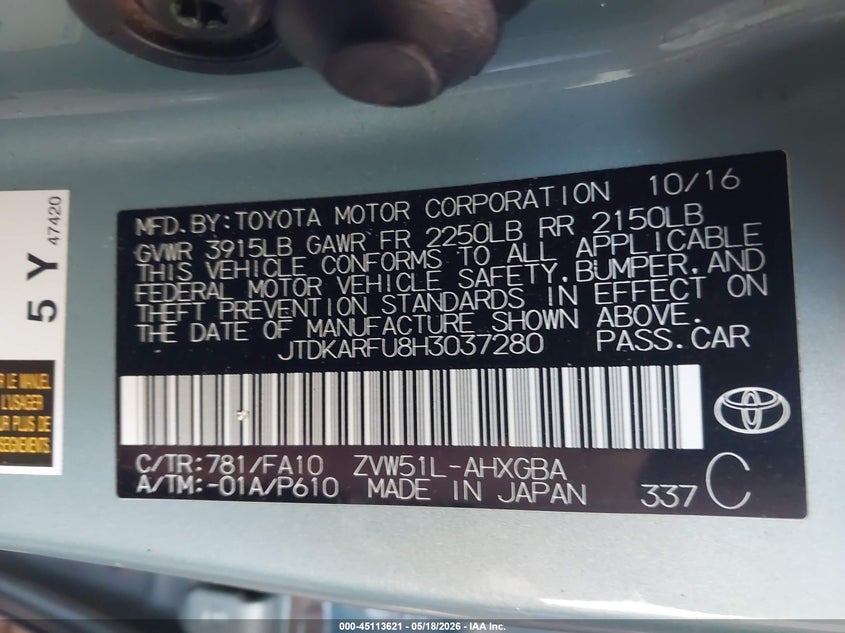 2017 Toyota Prius VIN JTDKARFU8H3037280 IAAI salvage auction — FRONT END, Salvage (Arizona), sold $3,350 on 2026-07-07 (photo 9)