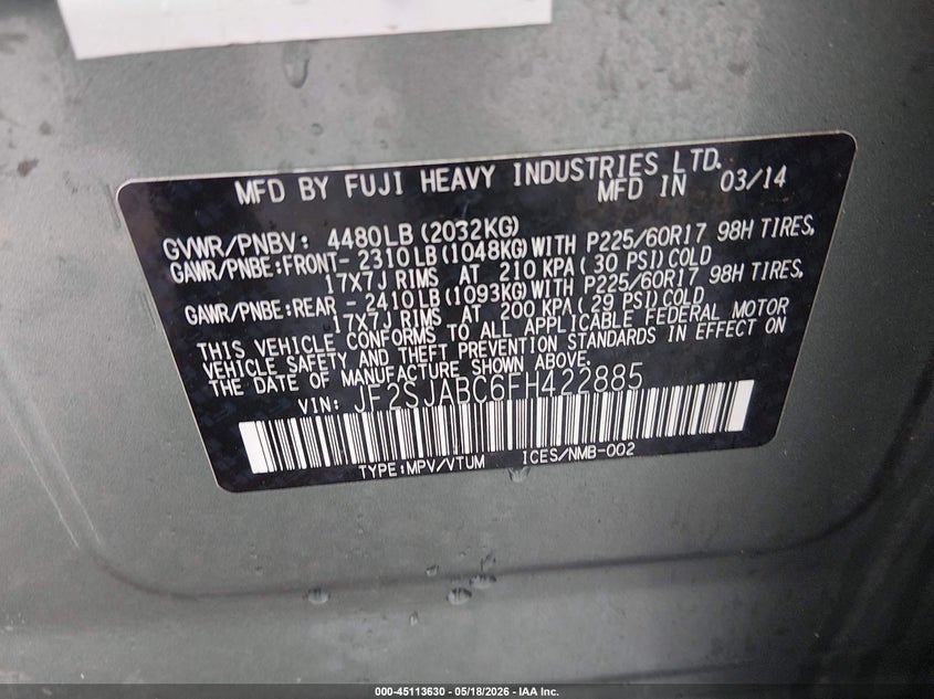 2015 Subaru Forester VIN JF2SJABC6FH422885 IAAI salvage auction — FRONT END, Salvage (Colorado), sold $950 on 2026-07-07 (photo 9)