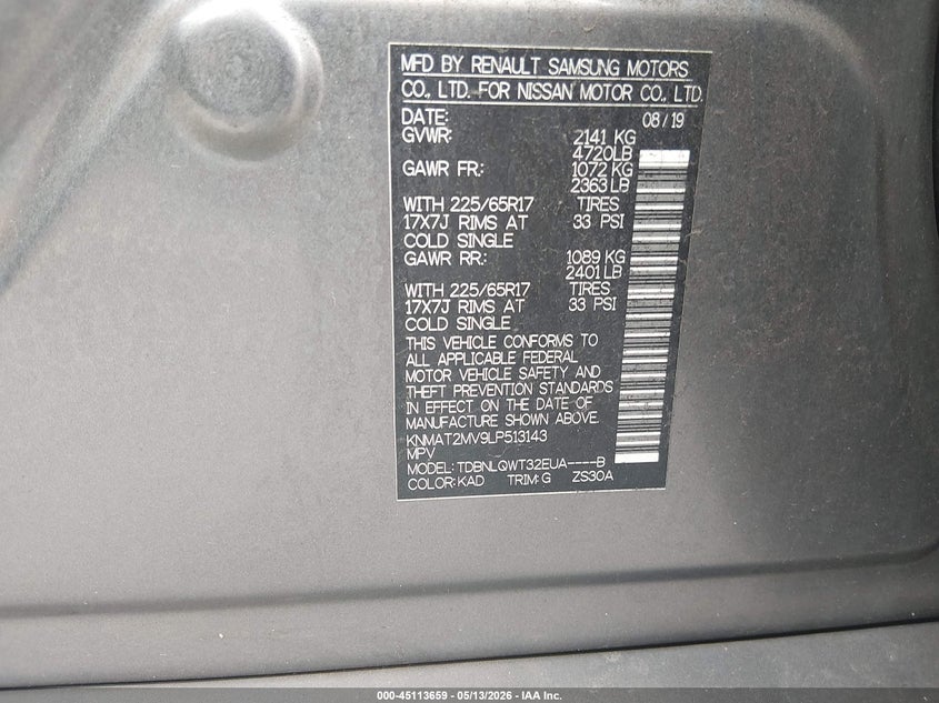 2020 Nissan Rogue VIN KNMAT2MV9LP513143 IAAI salvage auction — FRONT END, Salvage - Greater Than 75% (Maryland), sold $225 on 2026-07-27 (photo 9)