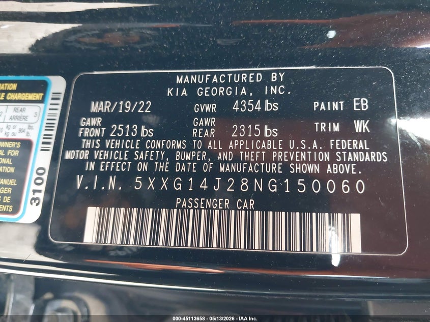 2022 Kia K5 VIN 5XXG14J28NG150060 IAAI salvage auction — LEFT FRONT, Salvage Title, sold $4,500 on 2026-07-12 (photo 9)