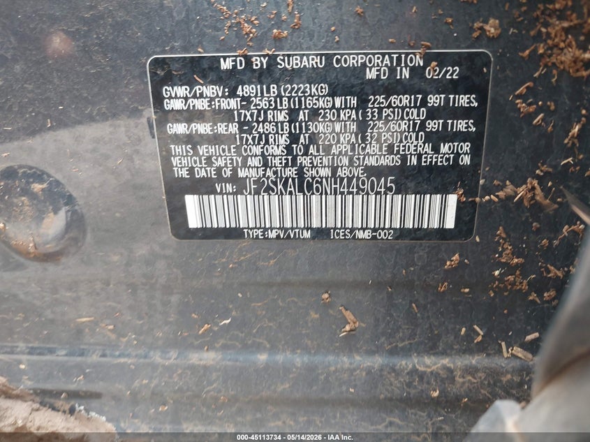 2022 Subaru Forester VIN JF2SKALC6NH449045 IAAI salvage auction — WATER/FLOOD, Salvage (Hawaii), sold $3,050 on 2026-07-15 (photo 9)