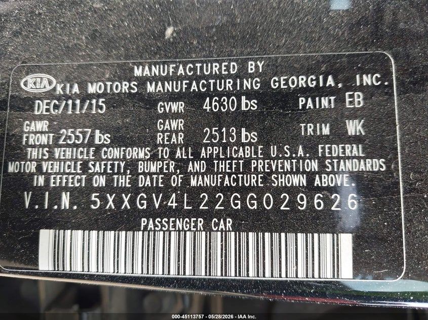2016 Kia Optima VIN 5XXGV4L22GG029626 IAAI salvage auction — SIDE, Salvage Title, sold $1,025 on 2026-07-29 (photo 9)
