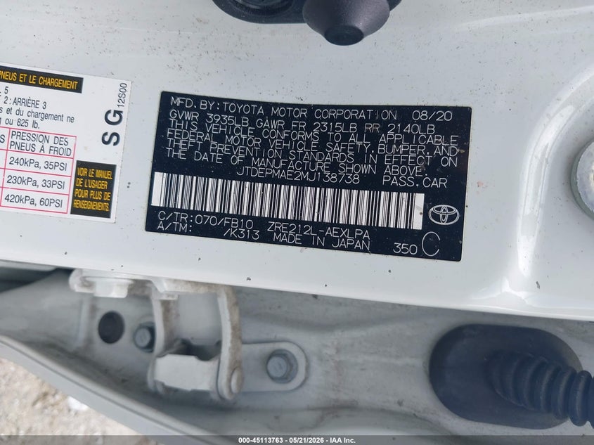 2021 Toyota Corolla VIN JTDEPMAE2MJ138738 IAAI salvage auction — REAR END, Salvage (Georgia), sold $5,050 on 2026-07-07 (photo 9)