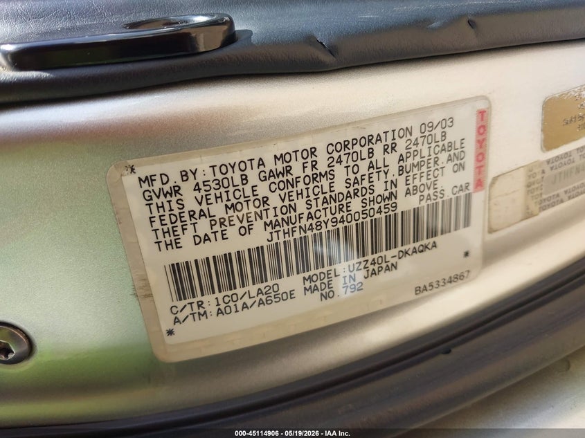 2004 Lexus Sc VIN JTHFN48Y940050459 IAAI salvage auction — FRONT END, Salvage (Arizona), sold $1,200 on 2026-07-21 (photo 9)