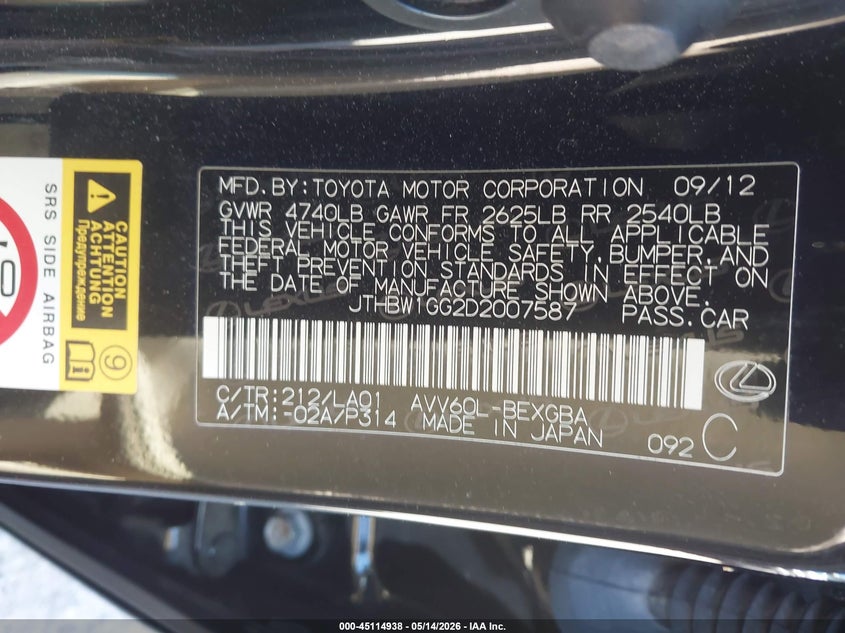 2013 Lexus ES VIN JTHBW1GG2D2007587 IAAI salvage auction — LEFT FRONT, Salvage (Georgia), sold $2,050 on 2026-07-14 (photo 9)