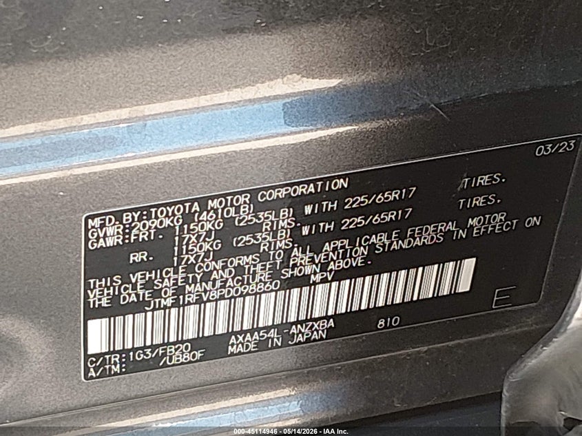 2023 Toyota Rav 4 VIN JTMF1RFV8PD098860 IAAI salvage auction — LEFT SIDE, Salvage (Texas), sold $11,300 on 2026-07-14 (photo 9)