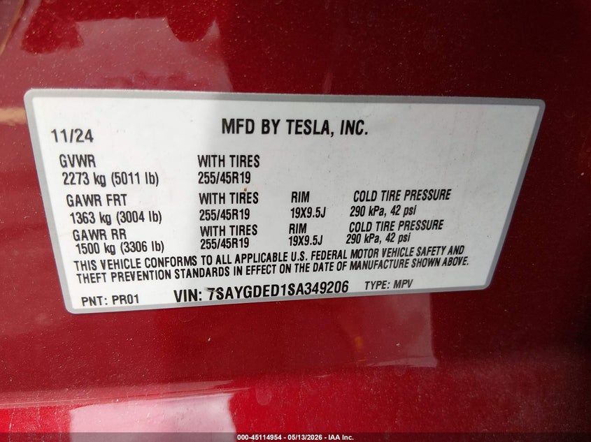2025 Tesla Model y VIN 7SAYGDED1SA349206 IAAI salvage auction — SIDE, Rebuildable (Florida), sold $11,050 on 2026-07-16 (photo 9)