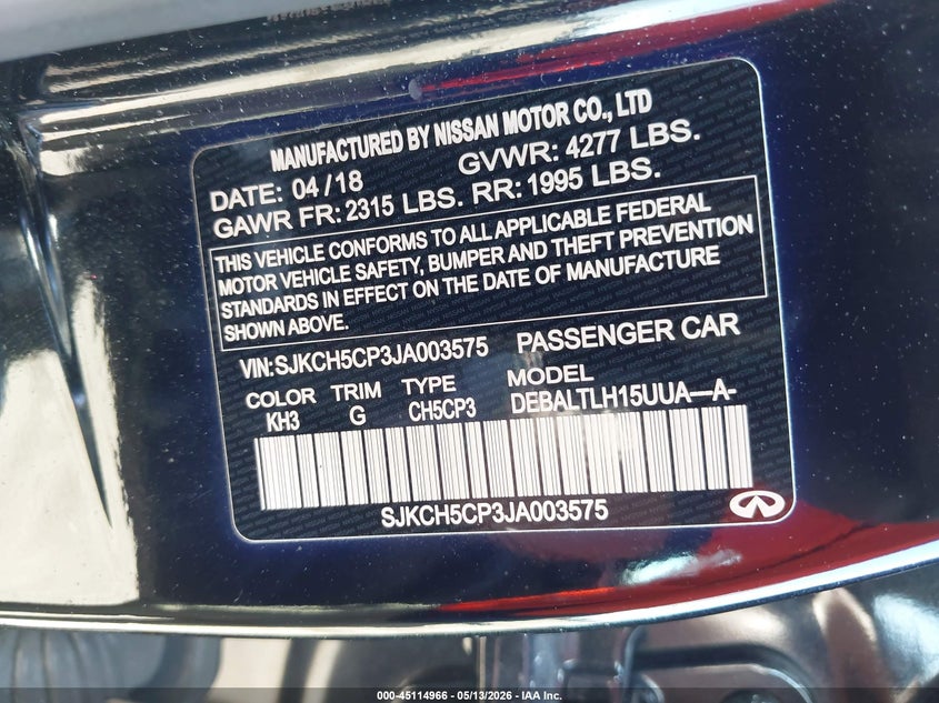 2018 Infiniti Qx30 VIN SJKCH5CP3JA003575 IAAI salvage auction — FRONT END, Original (Texas), sold $1,050 on 2026-07-29 (photo 9)