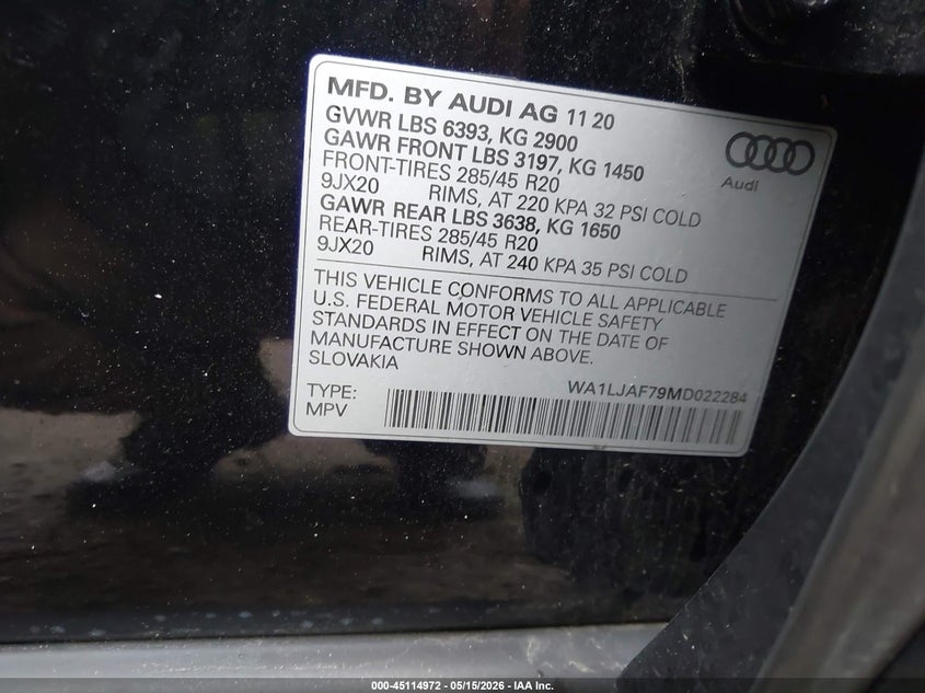2021 Audi Q7 VIN WA1LJAF79MD022284 IAAI salvage auction — FRONT END, Salvage (Massachusetts), sold $17,700 on 2026-07-10 (photo 9)