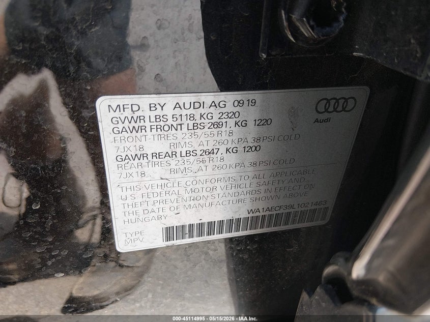 2020 Audi Q3 VIN WA1AECF39L1021463 IAAI salvage auction — LEFT SIDE, Salvage (Mississippi), sold $4,300 on 2026-08-15 (photo 9)