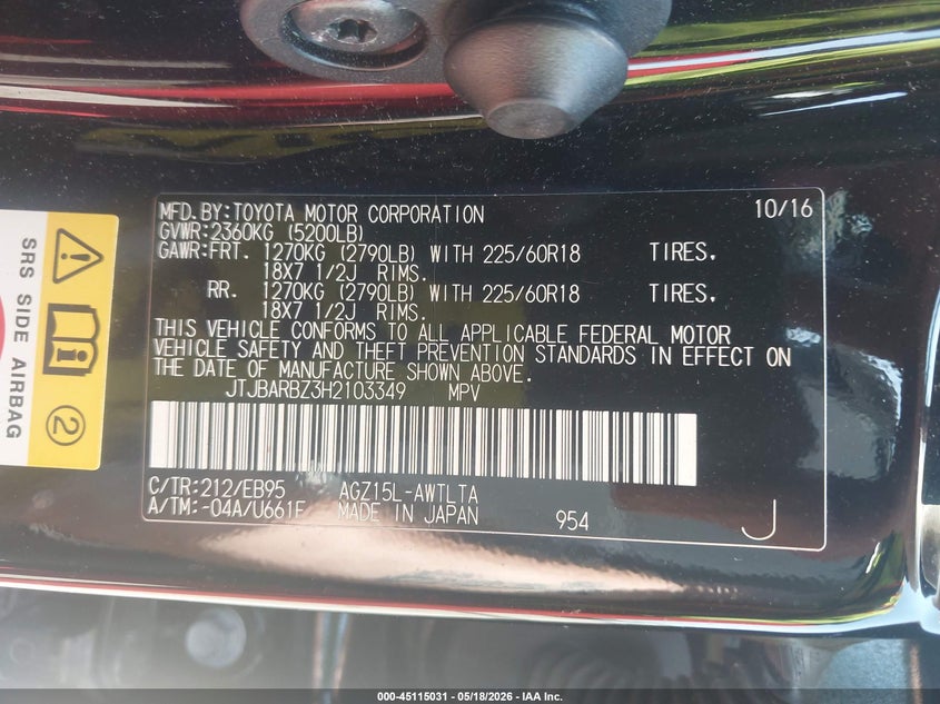2017 Lexus Nx VIN JTJBARBZ3H2103349 IAAI salvage auction — RIGHT FRONT, Salvage (Massachusetts), sold $9,500 on 2026-07-07 (photo 9)