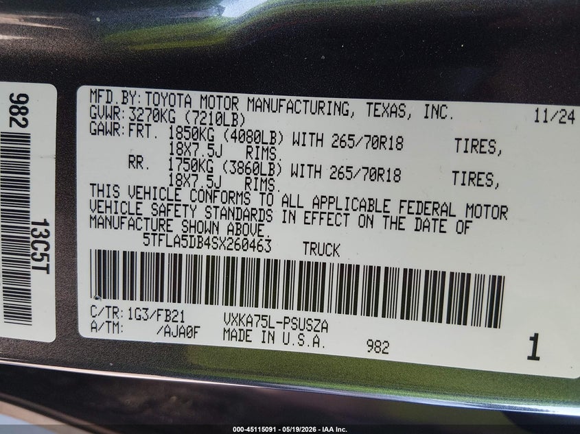 2025 Toyota Tundra VIN 5TFLA5DB4SX260463 IAAI salvage auction — RIGHT FRONT, Salvage (North Carolina), sold $8,500 on 2026-07-22 (photo 9)
