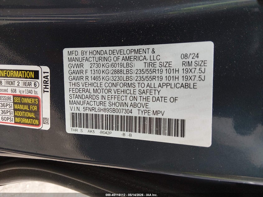 2025 Honda Odyssey VIN 5FNRL6H89SB007304 IAAI salvage auction — LEFT REAR, Salvage (Massachusetts), sold $13,525 on 2026-07-28 (photo 9)