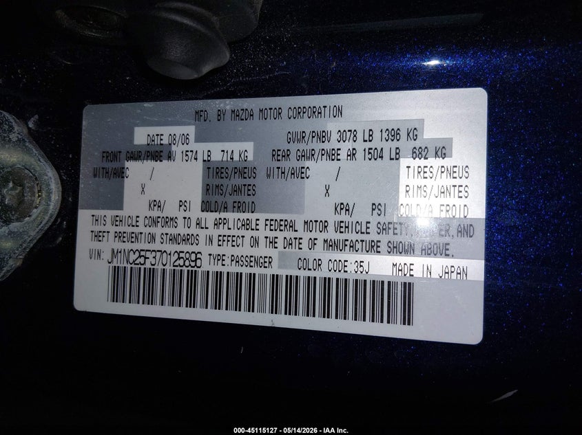 2007 Mazda Mx-5 VIN JM1NC25F370125896 IAAI salvage auction — RIGHT FRONT, Salvage (Arizona), sold $1,200 on 2026-07-14 (photo 9)