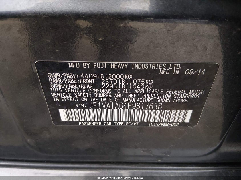 2015 Subaru Wrx VIN JF1VA1A64F9817638 IAAI salvage auction — REAR END, Clear (Indiana), sold $2,050 on 2026-07-22 (photo 9)