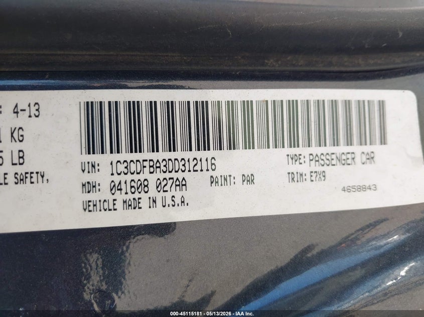 2013 Dodge Dart VIN 1C3CDFBA3DD312116 IAAI salvage auction — RIGHT FRONT, Clear (Oklahoma), sold $500 on 2026-07-09 (photo 9)