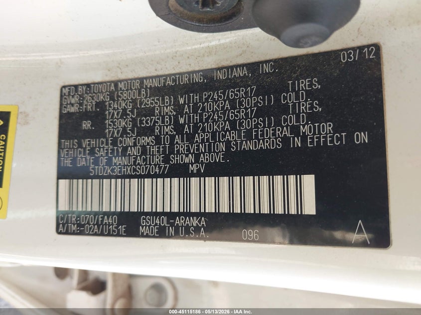 2012 Toyota Highlander VIN 5TDZK3EHXCS070477 IAAI salvage auction — RIGHT SIDE, Salvage (Texas), sold $1,600 on 2026-07-13 (photo 9)