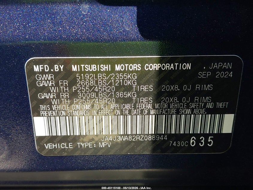 2024 Mitsubishi Outlander VIN JA4J3WA82RZ088944 IAAI salvage auction — FRONT END, Original (Texas), sold $11,500 on 2026-07-09 (photo 9)