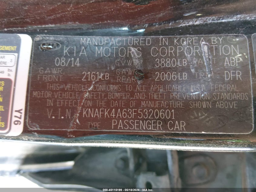 2015 Kia Forte VIN KNAFK4A63F5320601 IAAI salvage auction — SIDE, Salvage (West Virginia), sold $450 on 2026-07-08 (photo 9)