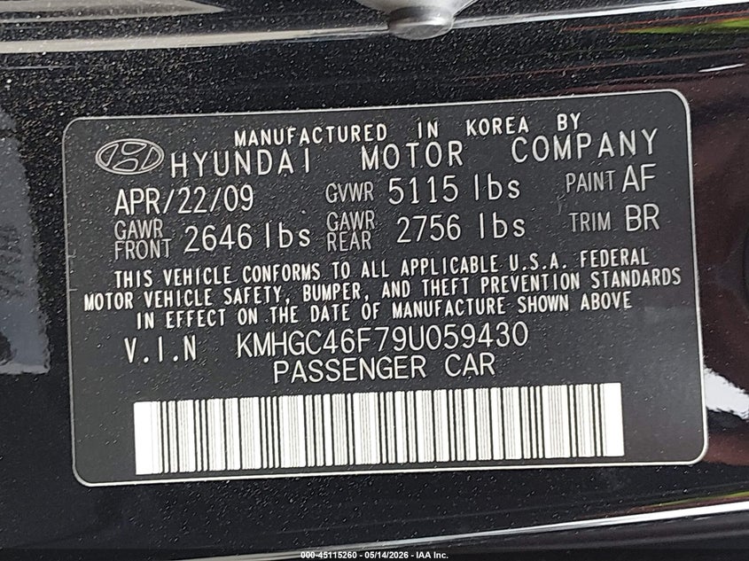 2009 Hyundai Genesis VIN KMHGC46F79U059430 IAAI salvage auction — FRONT END, Salvage (California), sold $525 on 2026-07-08 (photo 9)