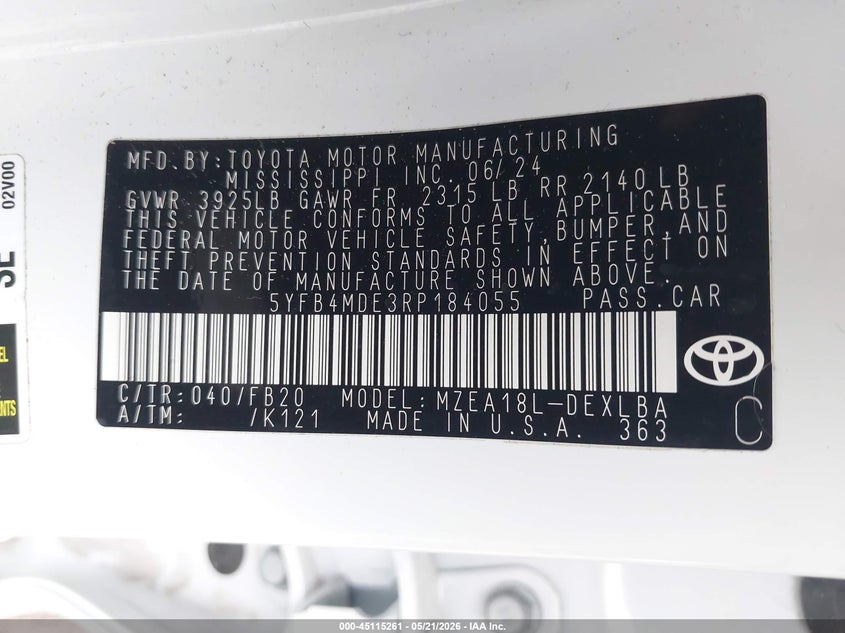 2024 Toyota Corolla VIN 5YFB4MDE3RP184055 IAAI salvage auction — RIGHT SIDE, Salvage Title, sold $4,250 on 2026-07-28 (photo 9)