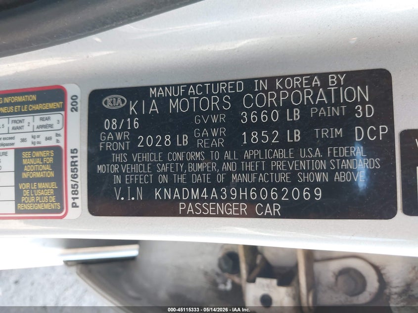 2017 Kia Rio VIN KNADM4A39H6062069 IAAI salvage auction — FRONT END, Salvage (Oklahoma), sold $700 on 2026-07-22 (photo 9)