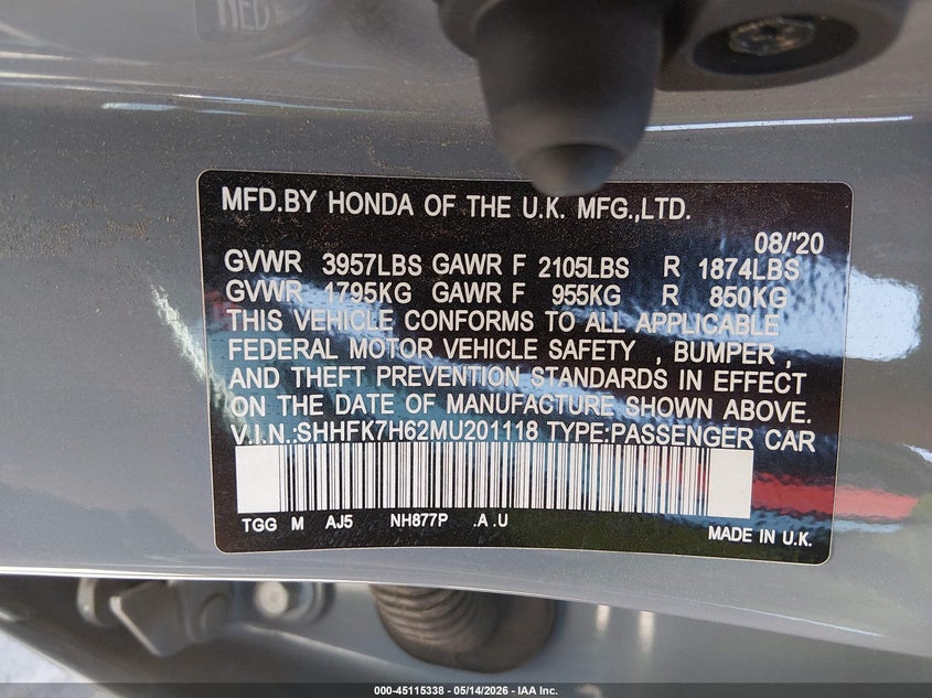 2021 Honda Civic VIN SHHFK7H62MU201118 IAAI salvage auction — FRONT END, Salvage (Utah), sold $2,100 on 2026-07-23 (photo 9)