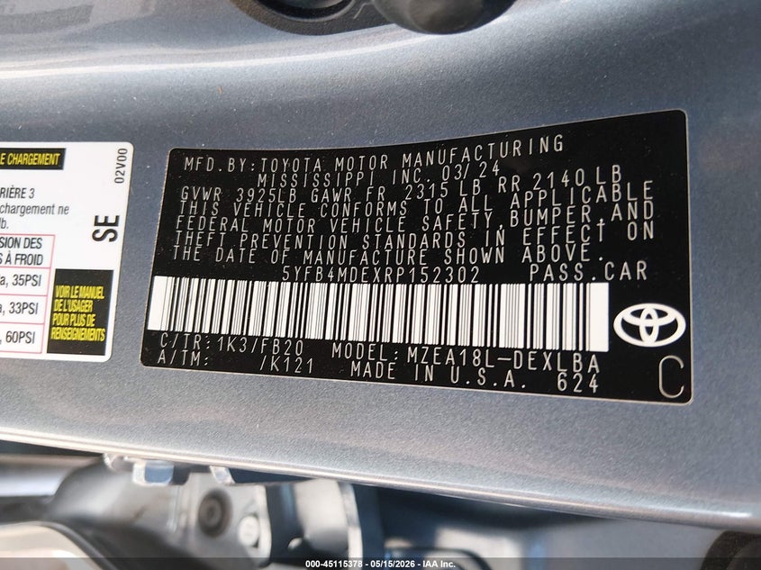 2024 Toyota Corolla VIN 5YFB4MDEXRP152302 IAAI salvage auction — LEFT REAR, Salvage Title, sold $3,850 on 2026-07-29 (photo 9)