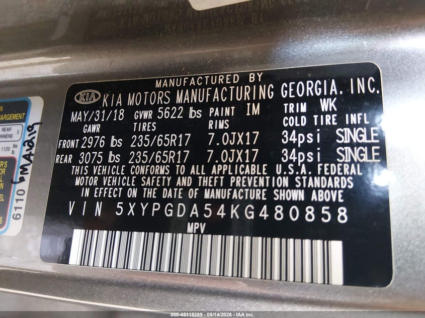 2019 Kia Sorento VIN 5XYPGDA54KG480858 IAAI salvage auction — REAR END, Original (Texas), sold $2,325 on 2026-07-14 (photo 9)
