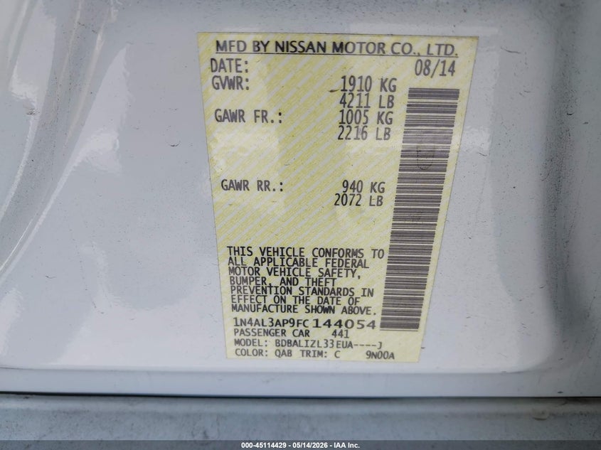 2015 Nissan Altima VIN 1N4AL3AP9FC144054 IAAI salvage auction — FRONT END, Salvage (California), sold $1,100 on 2026-07-09 (photo 9)