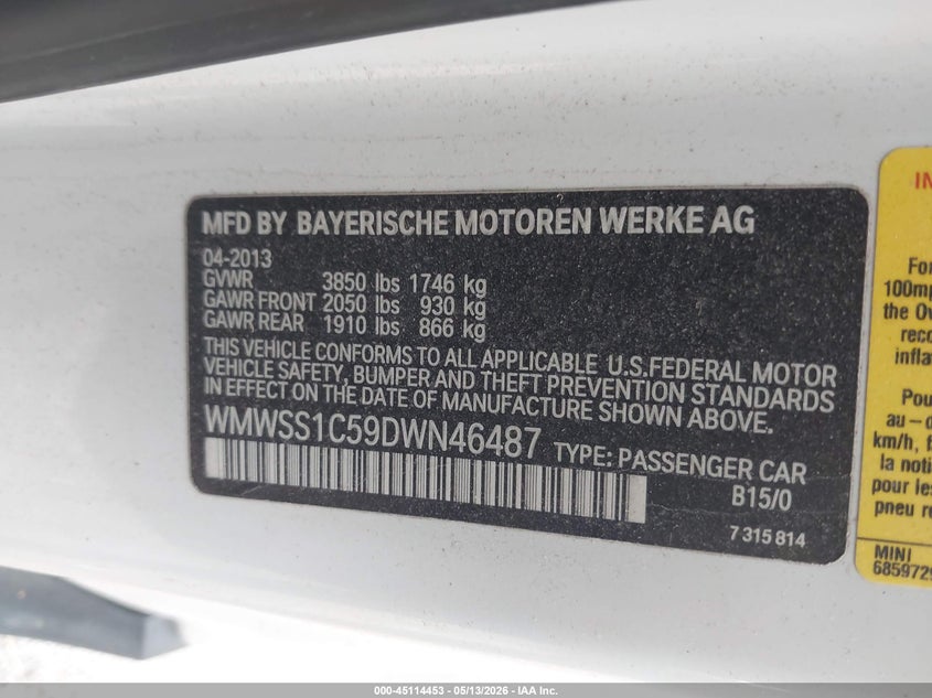 2013 Mini Paceman VIN WMWSS1C59DWN46487 IAAI salvage auction — FRONT END, Salvage (Indiana), sold $475 on 2026-07-15 (photo 9)