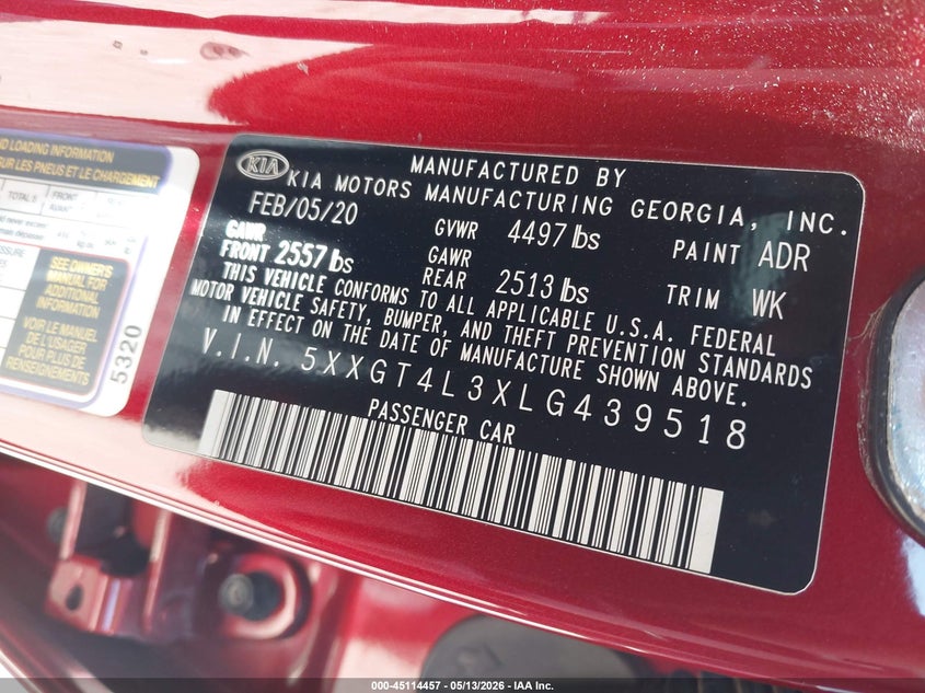 2020 Kia Optima VIN 5XXGT4L3XLG439518 IAAI salvage auction — FRONT END, Salvage (Texas), sold $1,550 on 2026-08-01 (photo 9)
