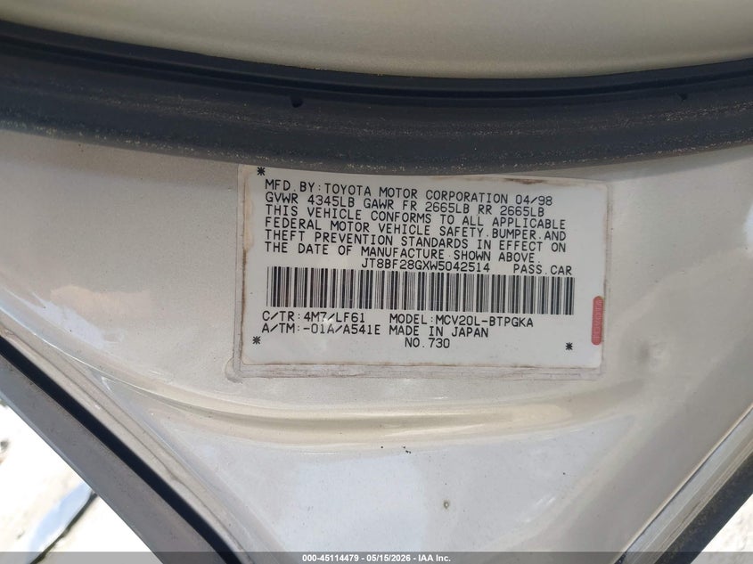 1998 Lexus Es 300 VIN JT8BF28GXW5042514 IAAI salvage auction — FRONT END, Salvage (North Carolina), sold $200 on 2026-07-16 (photo 9)