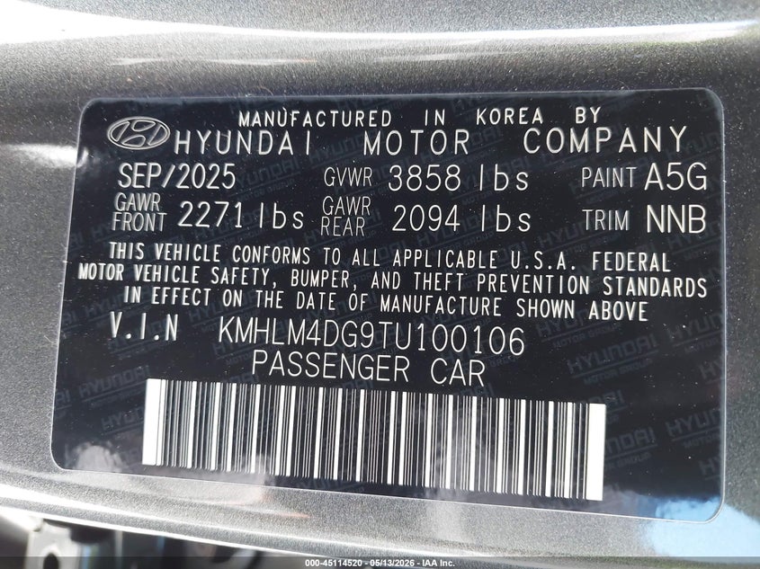 2026 Hyundai Elantra VIN KMHLM4DG9TU100106 IAAI salvage auction — FRONT & REAR, Salvage (California), sold $2,400 on 2026-07-29 (photo 9)