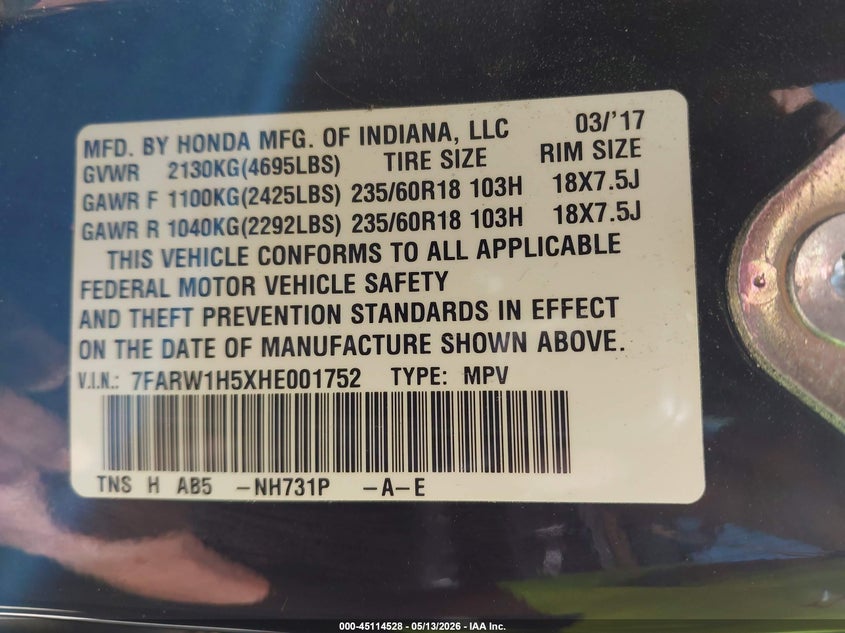 2017 Honda Cr-v VIN 7FARW1H5XHE001752 IAAI salvage auction — FRONT END, Salvage (North Carolina), sold $5,750 on 2026-07-13 (photo 9)
