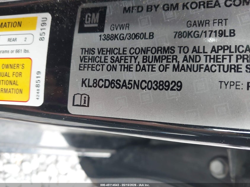 2022 Chevrolet Spark VIN KL8CD6SA5NC038929 IAAI salvage auction — FRONT END, Mv-907A (New York), sold $2,775 on 2026-07-07 (photo 9)