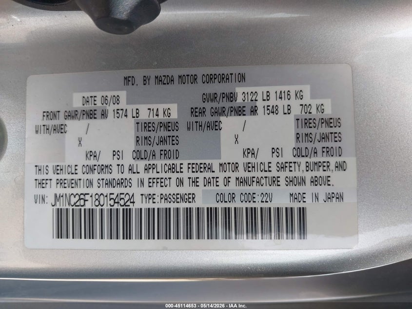 2008 Mazda Mx-5 VIN JM1NC26F180154524 IAAI salvage auction — LEFT & RIGHT, Salvage (Texas), sold $1,950 on 2026-07-14 (photo 9)