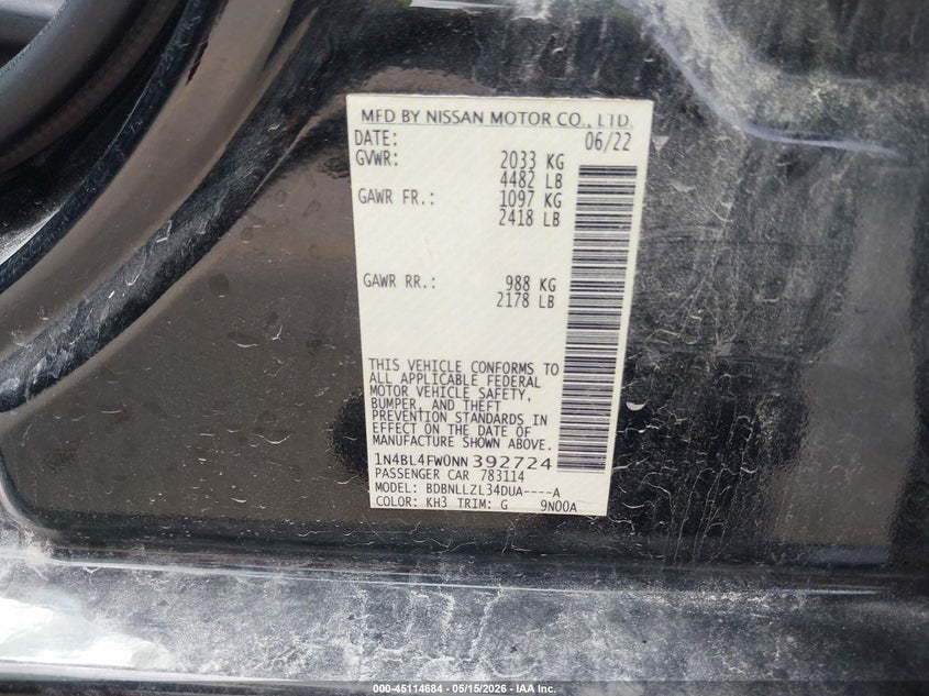 2022 Nissan Altima VIN 1N4BL4FW0NN392724 IAAI salvage auction — REAR END, Original (Texas), sold $5,100 on 2026-07-29 (photo 9)