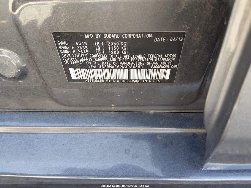 2019 Subaru LEGACY VIN 4S3BNAF62K3034583 IAAI salvage auction — FRONT END, Salvage (Kansas), sold $1,350 on 2026-07-17 (photo 9)