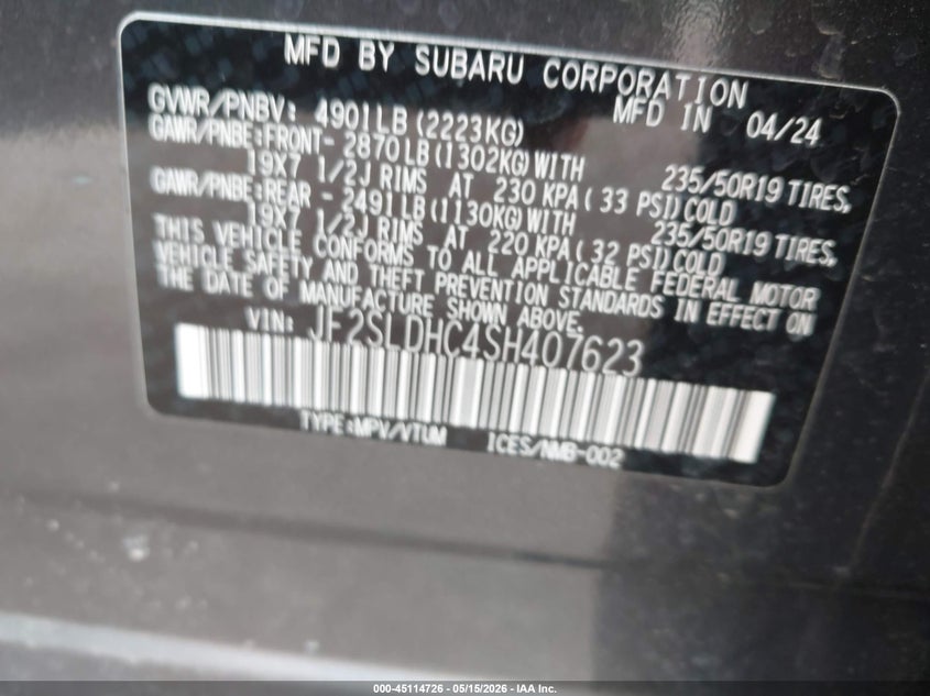 2025 Subaru Forester VIN JF2SLDHC4SH407623 IAAI salvage auction — FRONT END, Salvage (Michigan), sold $5,500 on 2026-07-30 (photo 9)