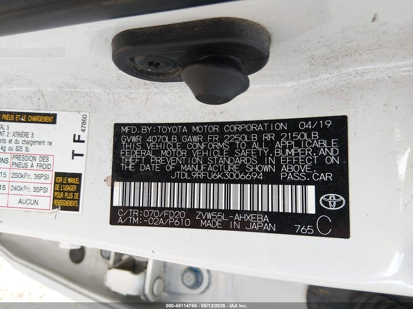 2019 Toyota Prius VIN JTDL9RFU6K3006694 IAAI salvage auction — FRONT END, Salvage Title, sold $5,800 on 2026-07-28 (photo 8)