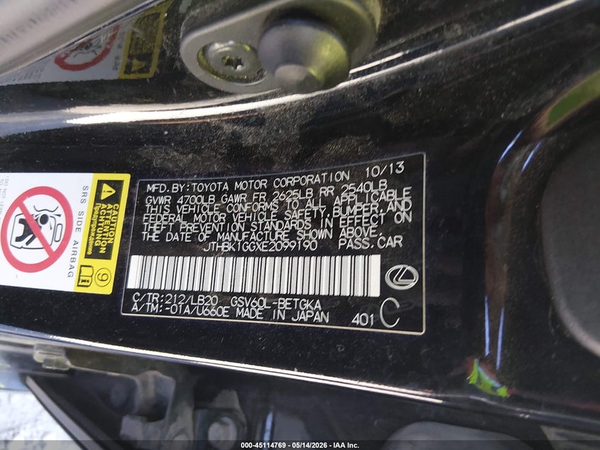 2014 Lexus ES VIN JTHBK1GGXE2099190 IAAI salvage auction — NORMAL WEAR, Salvage (Texas), sold $2,775 on 2026-07-13 (photo 9)