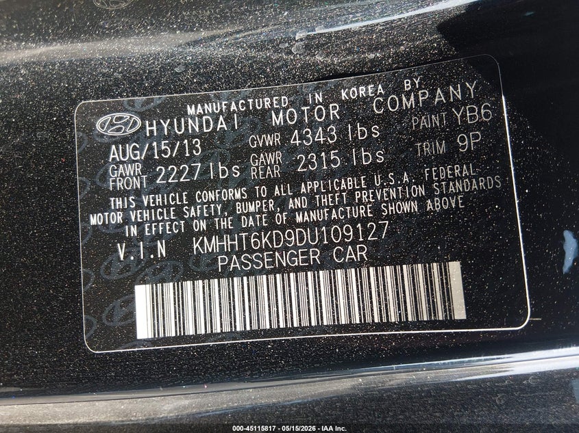 2013 Hyundai Genesis VIN KMHHT6KD9DU109127 IAAI salvage auction — FRONT END, Salvage (Nevada), sold $1,750 on 2026-07-31 (photo 9)