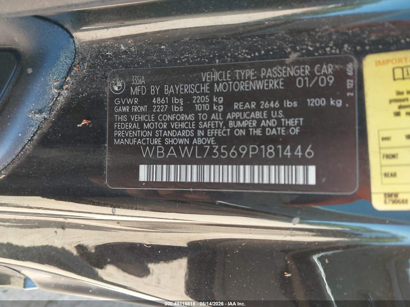 2009 BMW 3er VIN WBAWL73569P181446 IAAI salvage auction — NORMAL WEAR, Clear-Dealer Only (North Carolina), sold $1,000 on 2026-07-13 (photo 9)