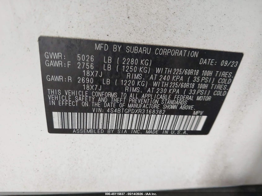 2024 Subaru Outback VIN 4S4BTGPDXR3168382 IAAI salvage auction — FRONT END, Salvage (Minnesota), sold $7,650 on 2026-07-29 (photo 9)