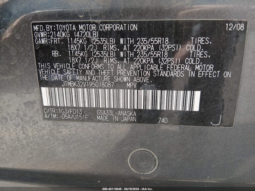 2009 Toyota Rav4 VIN JTMBK32V195078087 IAAI salvage auction — SIDE, Salvage (Idaho), sold $1,050 on 2026-07-12 (photo 9)