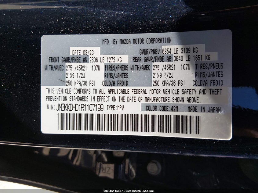2024 Mazda Cx-90 VIN JM3KKDHD1R1107199 IAAI salvage auction — WATER/FLOOD, Salvage (Kansas), sold $11,400 on 2026-07-31 (photo 9)